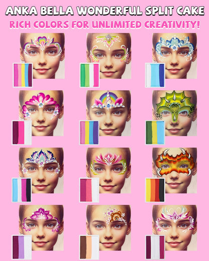 Anka Bella Professional Face Painting Kit for Kids,12X10gm Water Activated Rainbow Cake Face Paint with Stencil & Brushes,Hypoallergenic & Non-Toxic,Gift for Birthday Parties/Halloween/Carnival