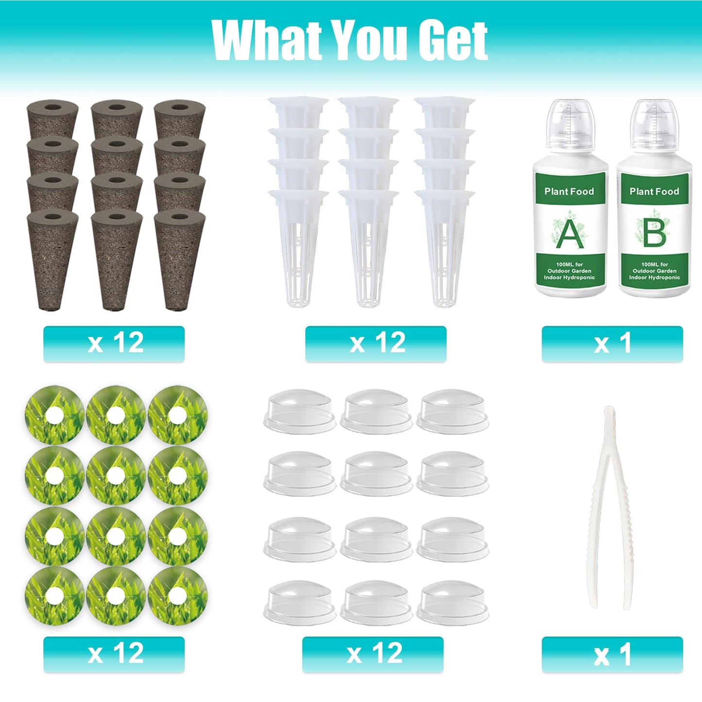 Aerogarden Pod Replacement Kit - Hydroponic Accessories with 12 Grow Sponges, Baskets, Labels, Domes and A&B Nutrients