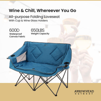 ARROWHEAD OUTDOOR Portable Folding Double Duo Camping Chair Loveseat w/ 2 Cup & Wine Glass Holder, Heavy-Duty Carrying Bag, Padded Seats & Armrests, Supports up to 500lbs, USA-Based Support