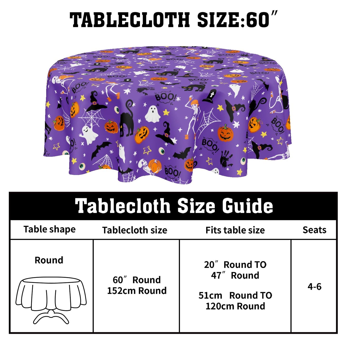 ABSOP Halloween Tablecloth Round 60 Inch Purple Outdoor Table Cloth Black Orange Pumpkin Table Cover for Kitchen Dinner Room Holiday Party Outdoor Home Halloween Decor