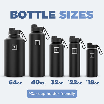 IRON °FLASK Camping & Hiking Hydration Flask with 3 Lids - Stainless Steel, Double Walled & Vacuum Insulated Water Bottle - Leak Proof & BPA Free (Midnight Black, Spout - 40 oz)