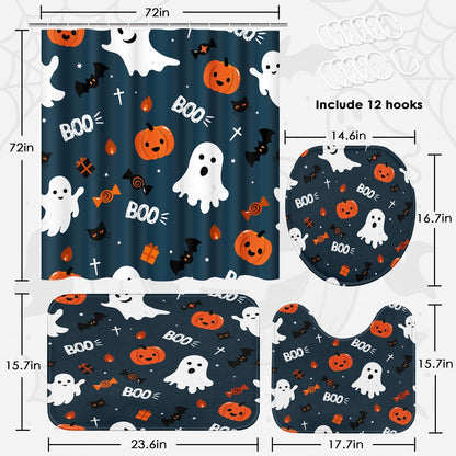ArtSocket Fun Halloween Cute Ghosts Bathroom Set with Shower Curtain and Rugs Accessories, Pumpkins Halloween Spooky Spooky Shower Curtain for Bathroom Decor 4 Pcs