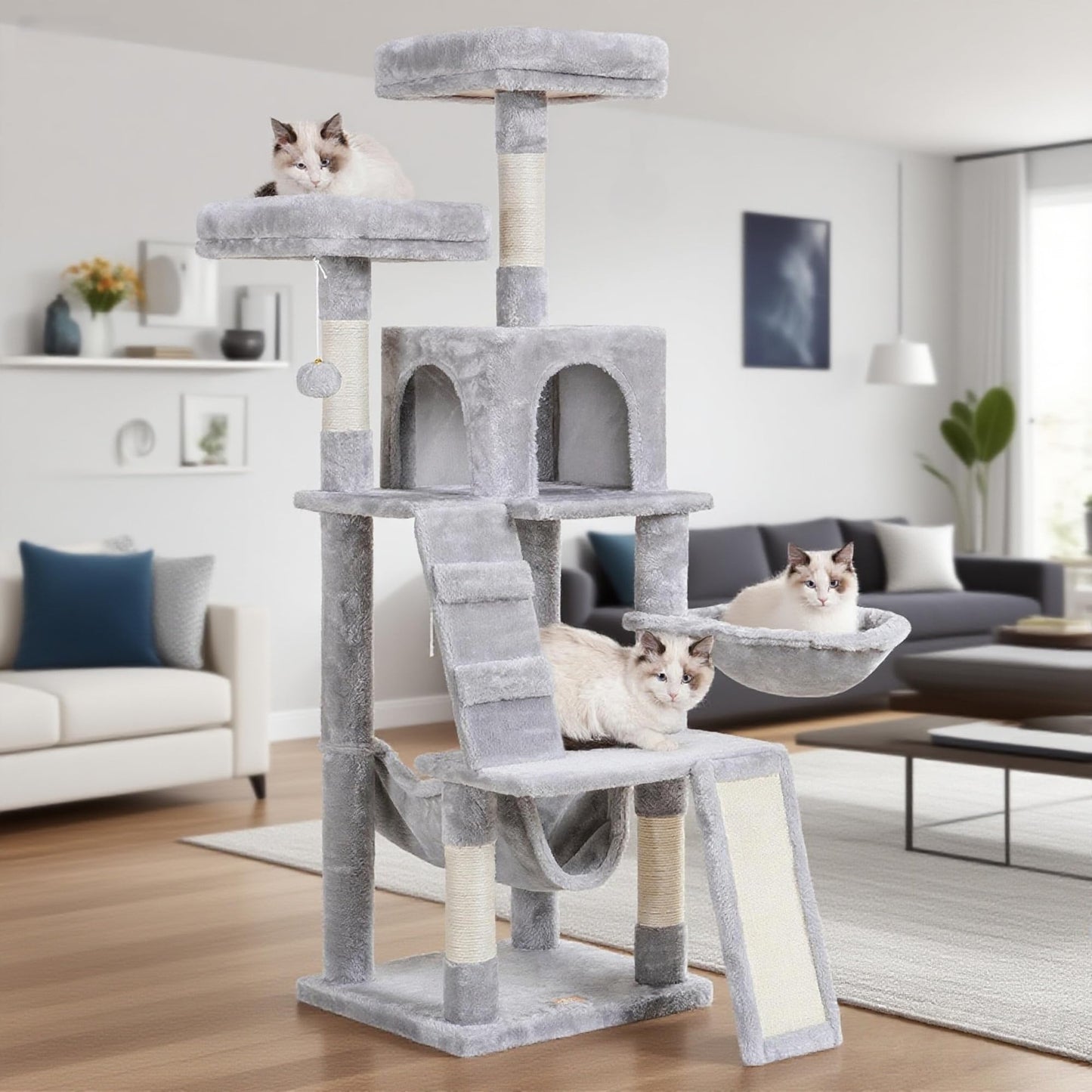 Heybly Cat Tree, Cat Tower for Indoor Cats, Multi-Level Cat Furniture Condo for Cats with Padded Plush Perch, Cozy Basket and Scratching Board, Light Gray HCT014W
