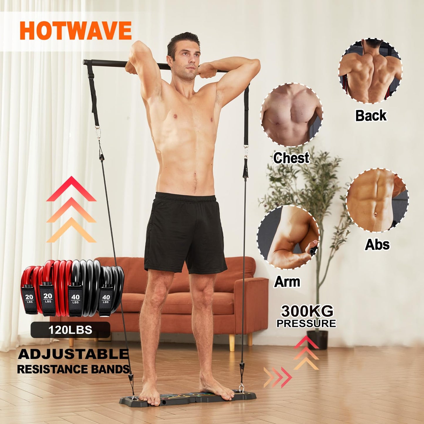 HOTWAVE Portable Workout Equipment with 20 Gym Accessories.Push Up Board &Plank Trainer,Resistance Bands with Ab Wheel,Exercise at Home For Men and Women