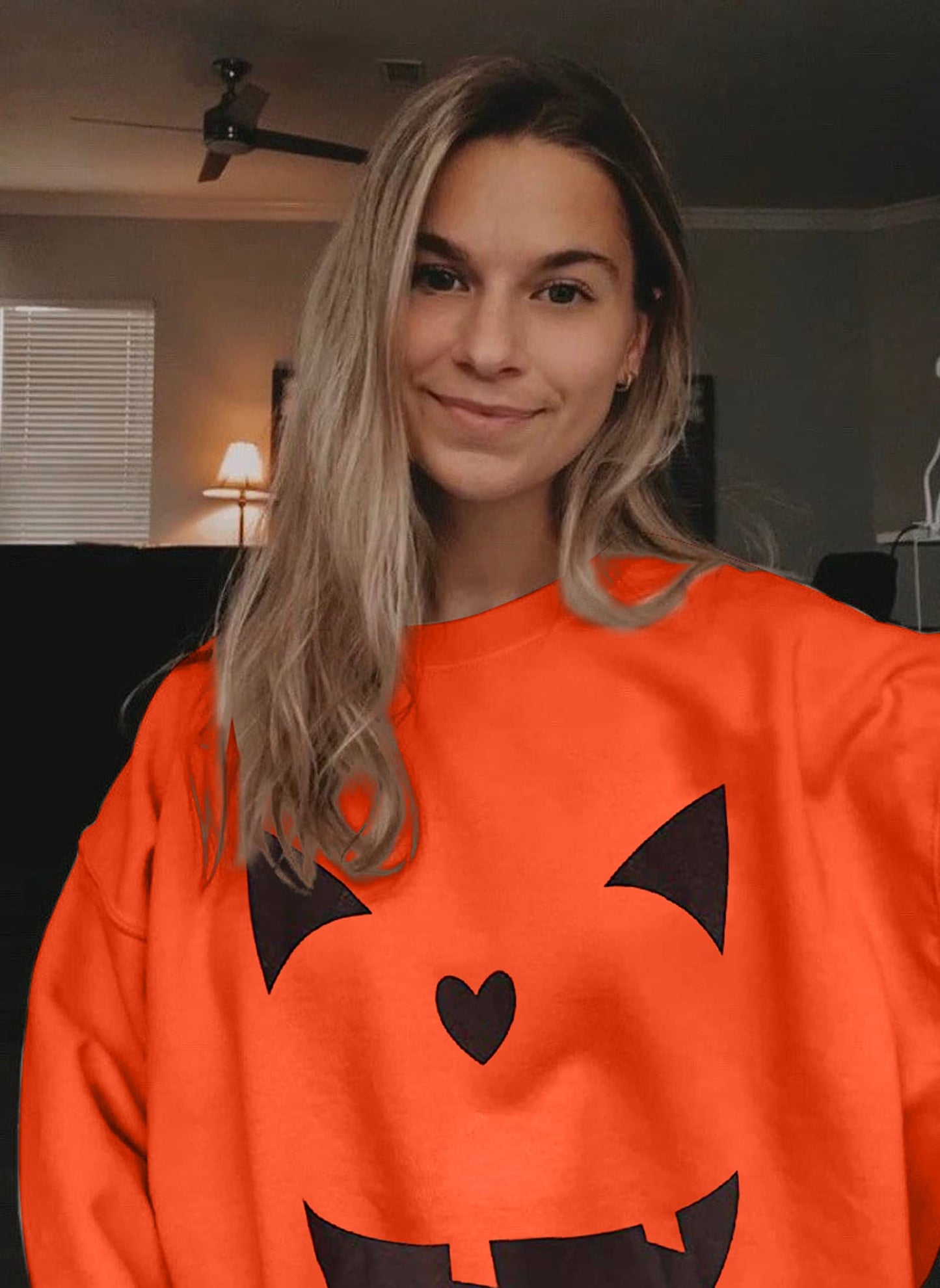 Women's Halloween Pumpkin Face Long Sleeve Sweatshirts Casual Pullover Tops size Large (Orange)