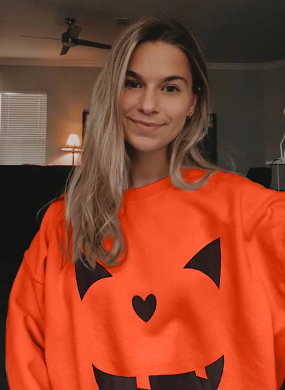 Women's Halloween Pumpkin Face Long Sleeve Sweatshirts Casual Pullover Tops size Large (Orange)