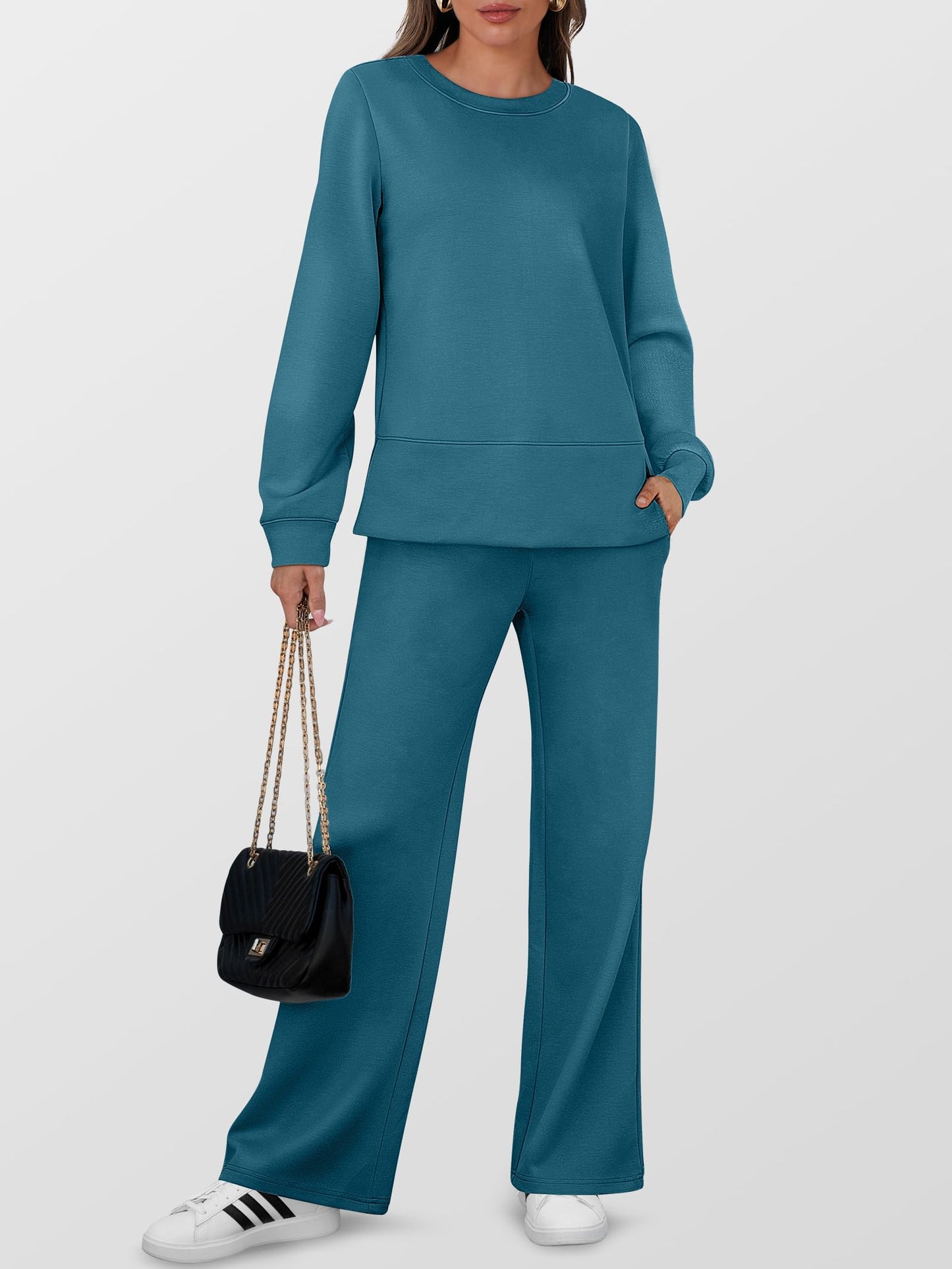 ANRABESS Women's 2 Piece Lounge Sets Casual Travel Outfits Wide Leg Tracksuit Sweatsuits Matching Set 2025 Fall Clothes Teal Medium