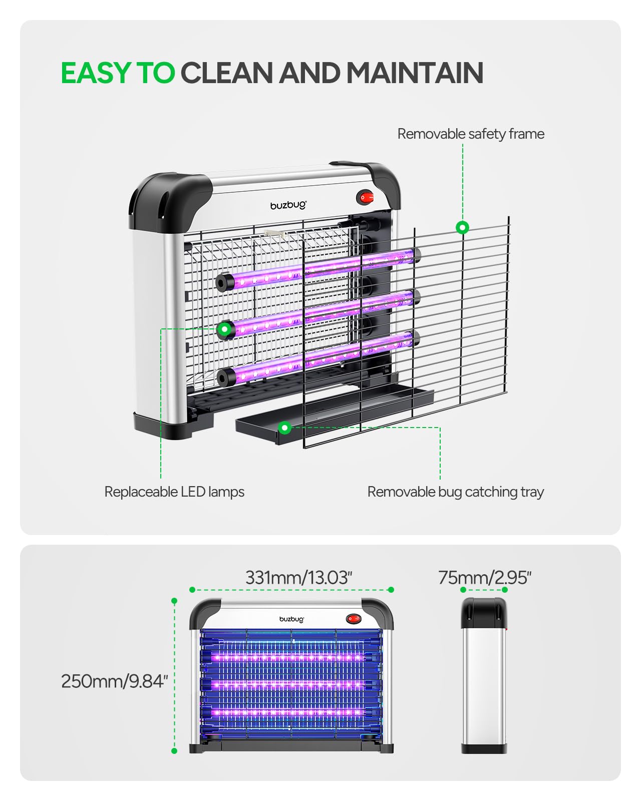 Buzbug LED Bug Zapper Indoor, 10 Years Lifespan 3 Lamps Enhance Insect Attraction, 3800V High-Voltage, Electric Mosquito Zapper, Fruit Fly Mosquito Moth Gnat Trap, Killer, Zapper -MA009