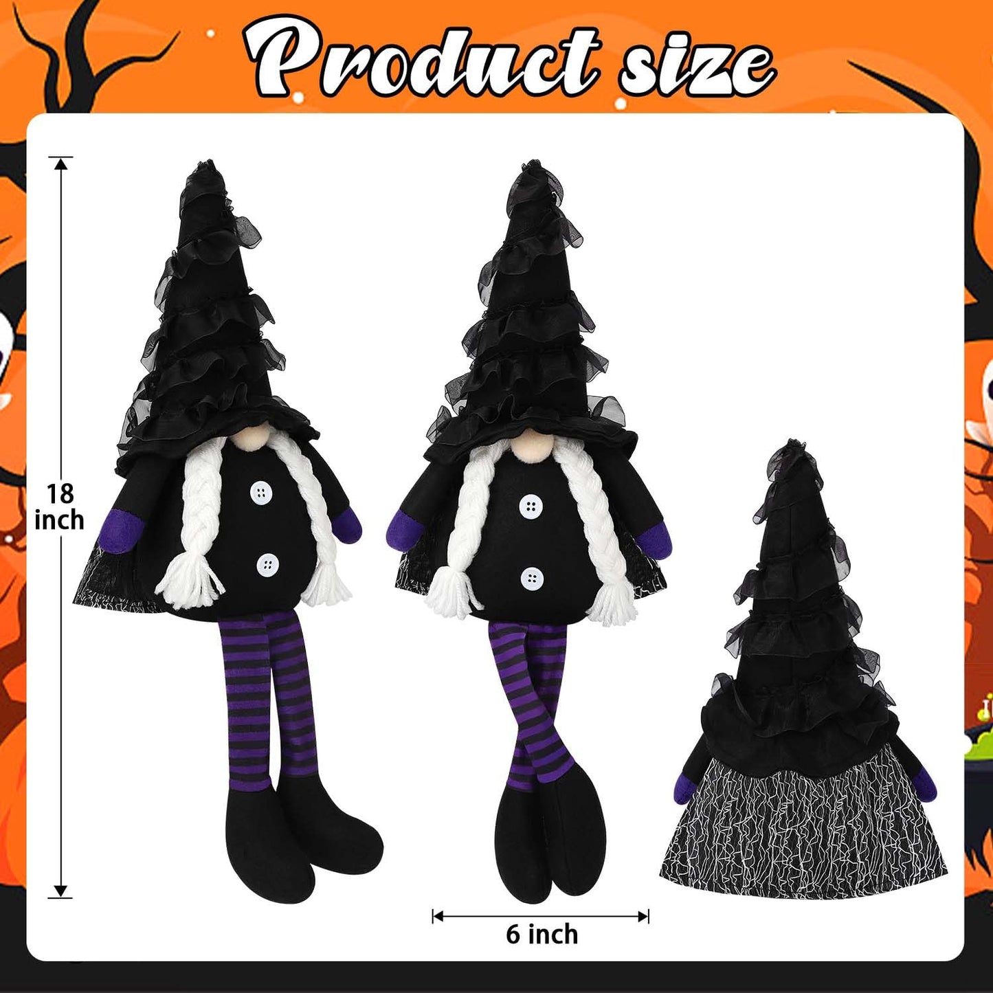 BINSUNS Halloween Plush Gnomes Decoration, 2 Pack Halloween Dangle Leg Gnomes Doll Elf Dwarf - Black Witch Cloak Hat Stuffed gnomesfor Halloween Home Decor Table Decorations Gifts Household Ornaments
