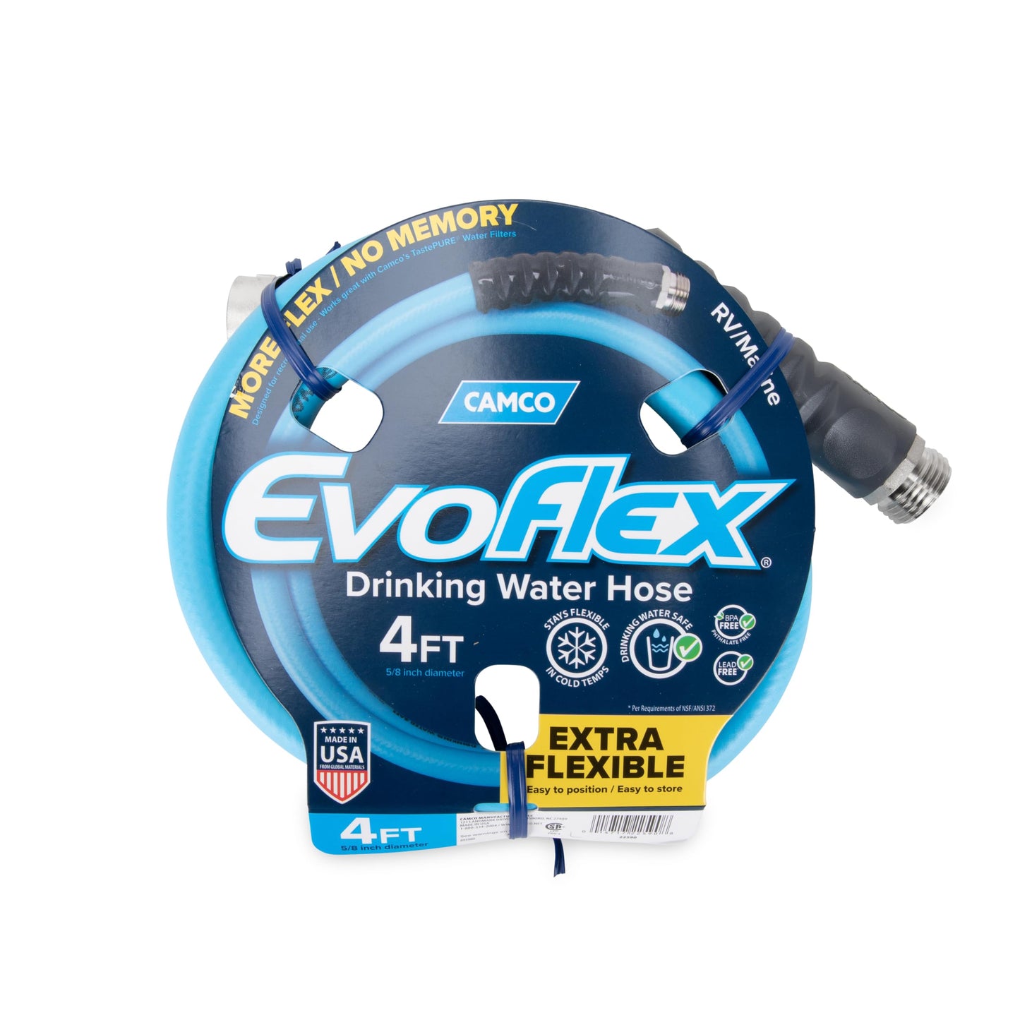 Camco EVOFlex 4-Ft RV Drinking Water Hose - Features Extra Flexible Design w/Stainless Steel Strain Relief Ends - Lead-Free, BPA-Free and Phthalate-Free - 5/8” ID (22590)