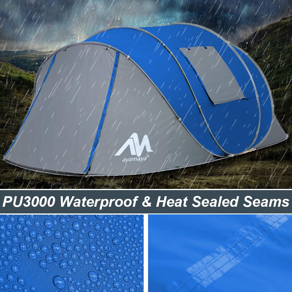 AYAMAYA Pop Up Tent 6 Person Easy Pop Up Tents for Camping with Vestibule, Double Layer Waterproof Instant Setup Popup Tent Big Family Camping Tents Beach Pop-up Tent Space for 2/3/4/5/6 People Man