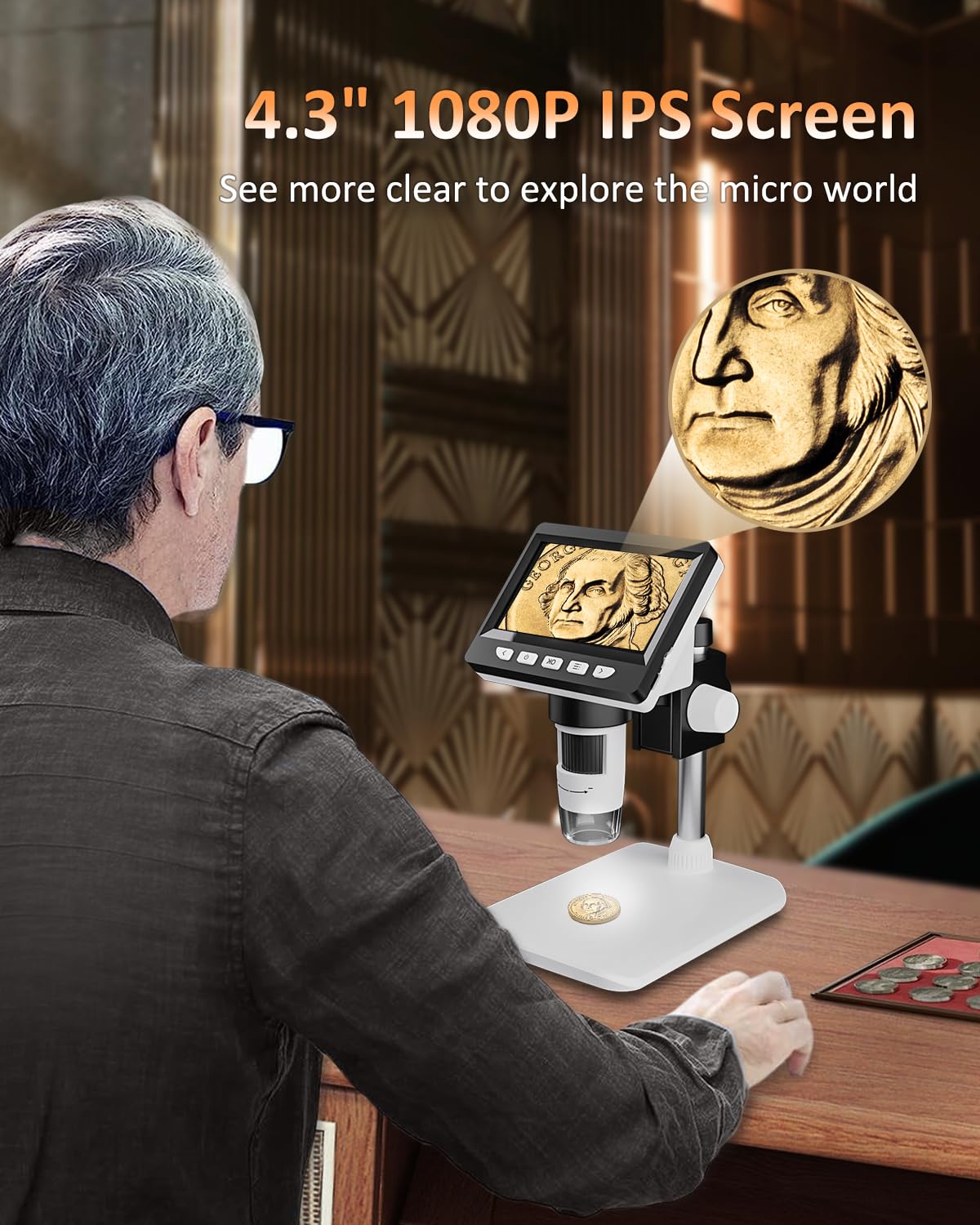 Aopick Coin Microscope - 4.3" LCD Digital Microscope 1000X, 1080P USB Coin Magnifier for Error Coins with 8 Adjustable LED Lights, PC View, Compatible with MacOS Windows