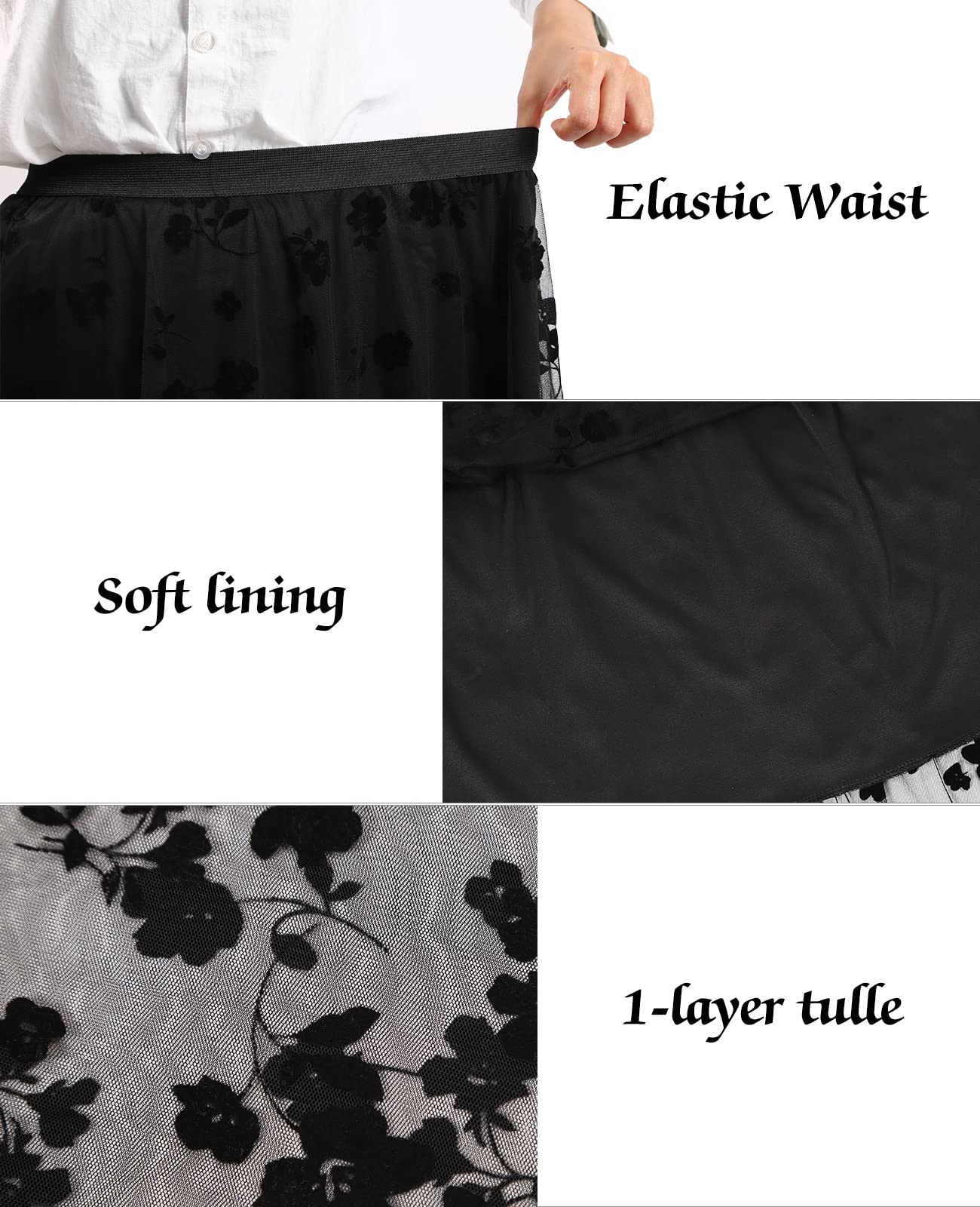 Women's A Line Tulle Midi Skirt Tutu Tiered Petticoat Skirts Tea-Length Elastic Waist Tutu Skirts (Flower Black 2 Layer)