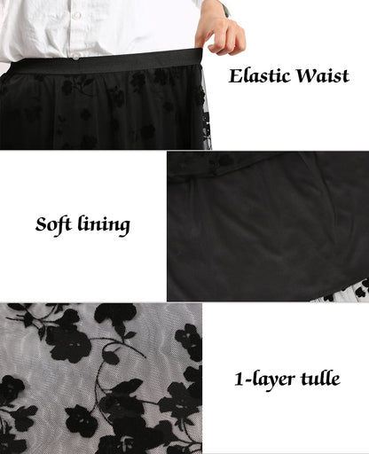 Women's A Line Tulle Midi Skirt Tutu Tiered Petticoat Skirts Tea-Length Elastic Waist Tutu Skirts (Flower Black 2 Layer)