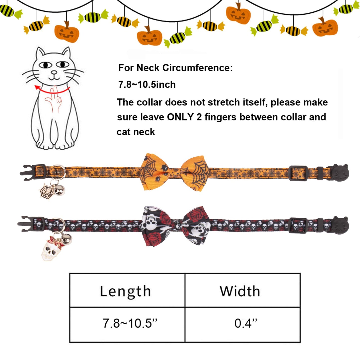 ADOGGYGO Halloween Cat Collars with Bow Bell, Breakaway Kitten Bowtie Collar Spider Web Skull Halloween Collars for Girl Boy Cats Kittens