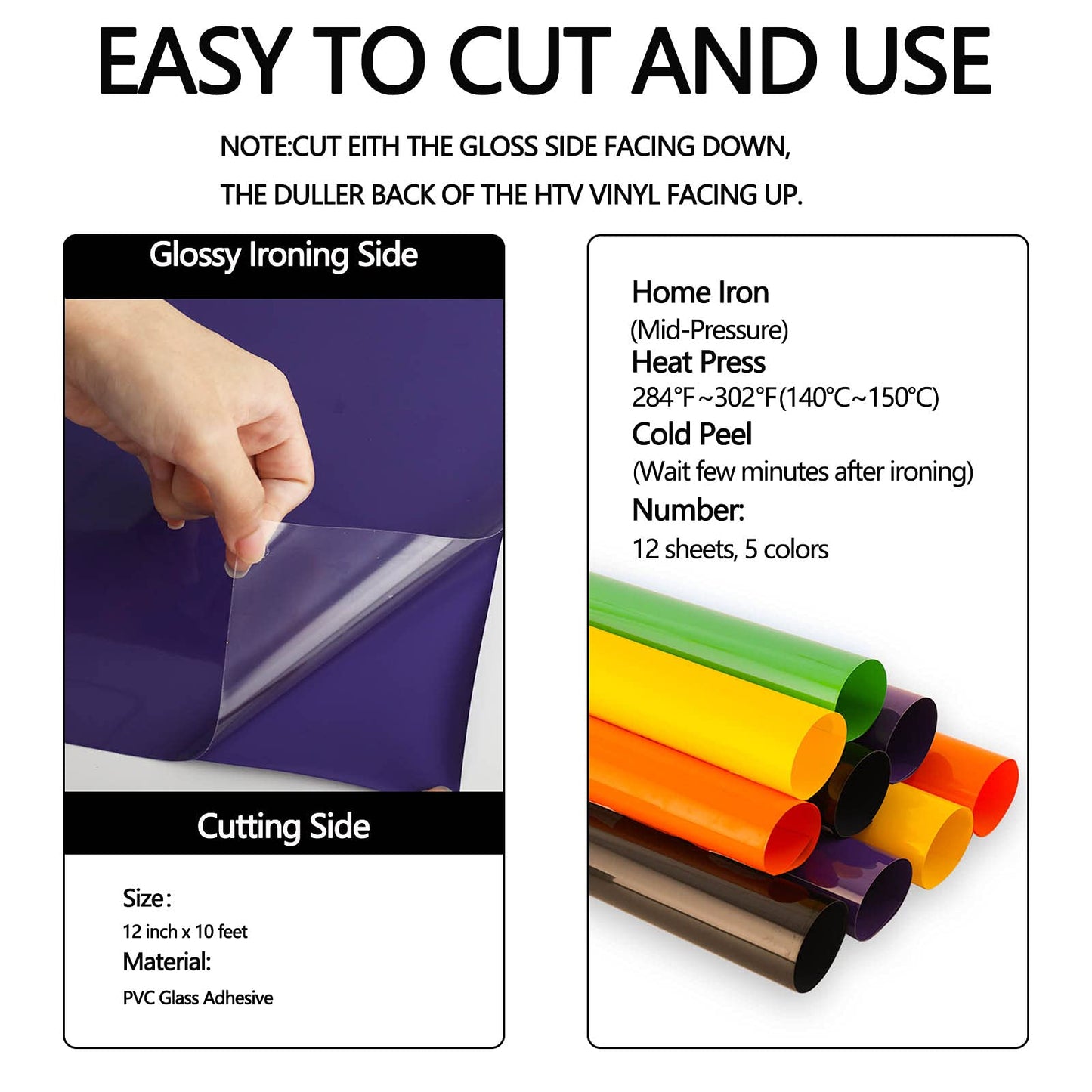 Whaline 12 Sheet Halloween Heat Transfer Vinyl Black Orange Purple Green Yellow HTV Iron on Vinyl Adhesive Craft Vinyl Sheet for DIY Fabric T-Shirts Holiday Gift Halloween Party Decoration, 12 x 10