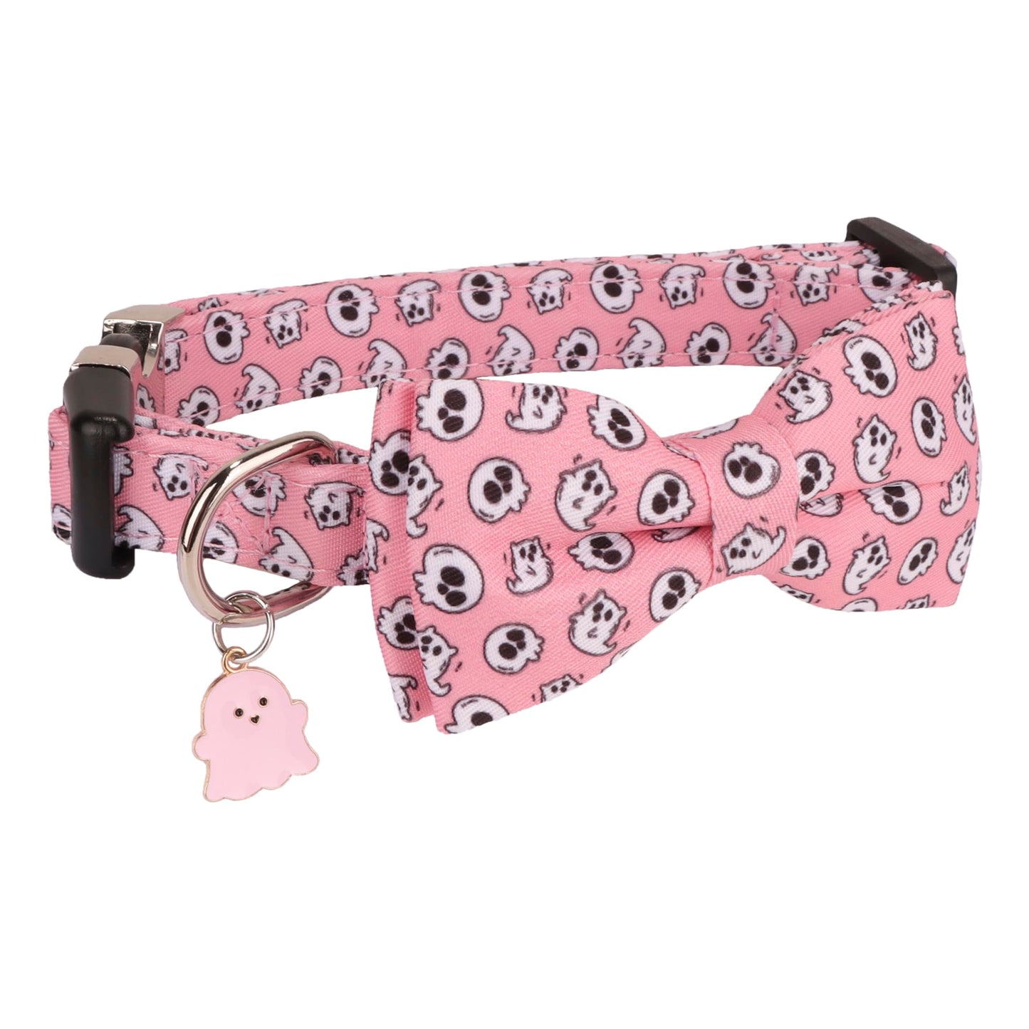 ADOGGYGO Halloween Dog Collar with Bowtie, Pink Ghost Pet Collars with Detachable Bow, Adjustable Pink Halloween Collars for Small Medium Large Dogs (Small)