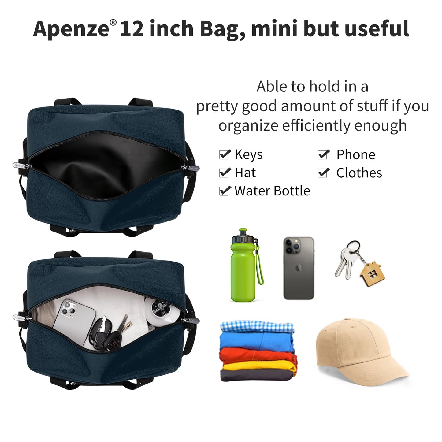 Apenze Small Gym Bag Carry On Bag - 12 in Mini Duffle Bag Lightweight for Overnight Travel（Navy Blue）
