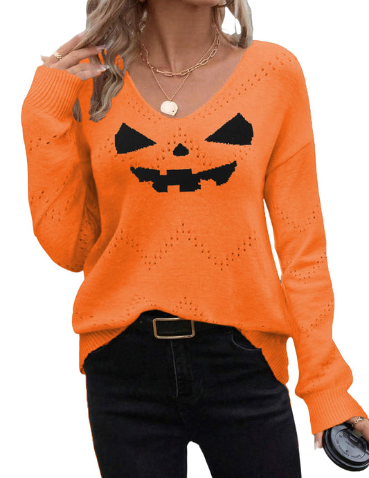 Zeagoo Halloween Sweaters for Women Crochet V Neck Long Sleeve Tops Soft Thin Lightweight Pullover Sweater Tops XL