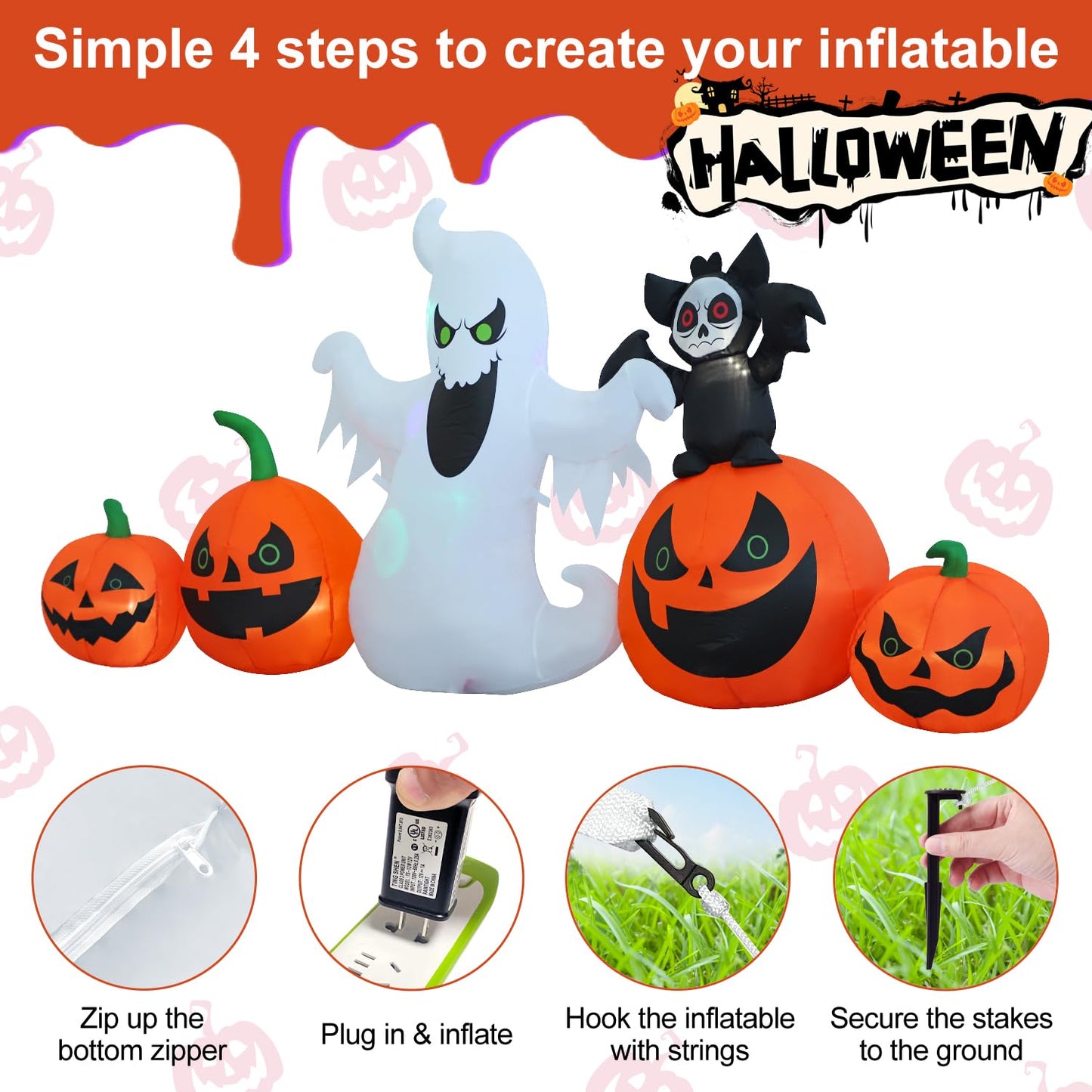 HZGDEJTG 8ft Bat Pumpkin Row Stand Halloween Inflatable Outdoor Decoration, Yard Decorations with LED Lights for Outdoor Lawn, Garden, Home Holiday Party