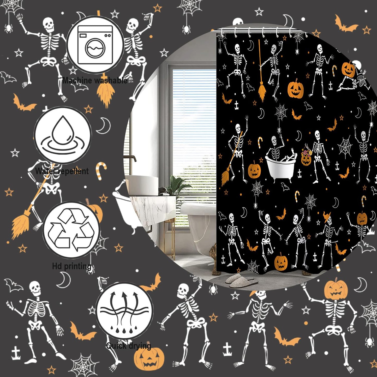 Atwqevon Halloween Shower Curtain, Ghost Shower Curtain Set, Black Fall Shower Curtains for Bathroom Decor, Spooky Shower Curtain Halloween Curtains, Waterproof Bathroom Curtain with Hooks 72"X72"
