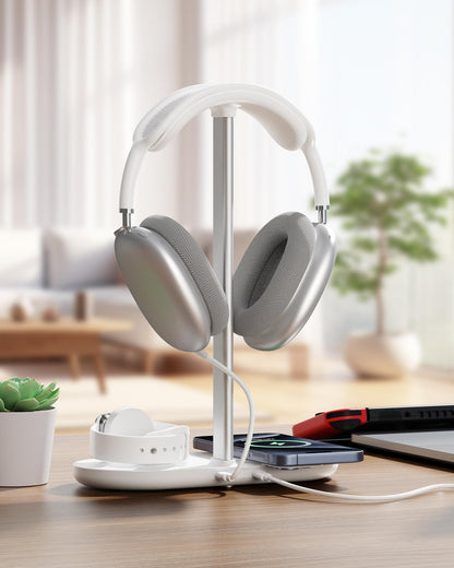 HiWe 3-in-1 Headphone Stand - Universal Desktop Gaming Headset Holder with Wireless Charger for Phones/AirPods/iWatch, Aluminum Alloy Rod, Leather Pad, ABS Solid Base, White