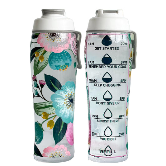 50 Strong Reusable Water Bottle with Time Markers – 30 oz BPA-Free Leakproof Bottle with Chug Cap & Easy-Carry Handle – Made in USA (Pretty Flowers)