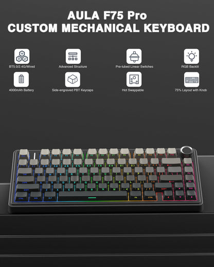 AULA F75 Pro Wireless Mechanical Keyboard,75% Hot Swappable Custom Keyboard with Knob,RGB Backlit,Pre-lubed Reaper Switches,Side Printed PBT Keycaps,2.4GHz/USB-C/BT5.0 Mechanical Gaming Keyboards