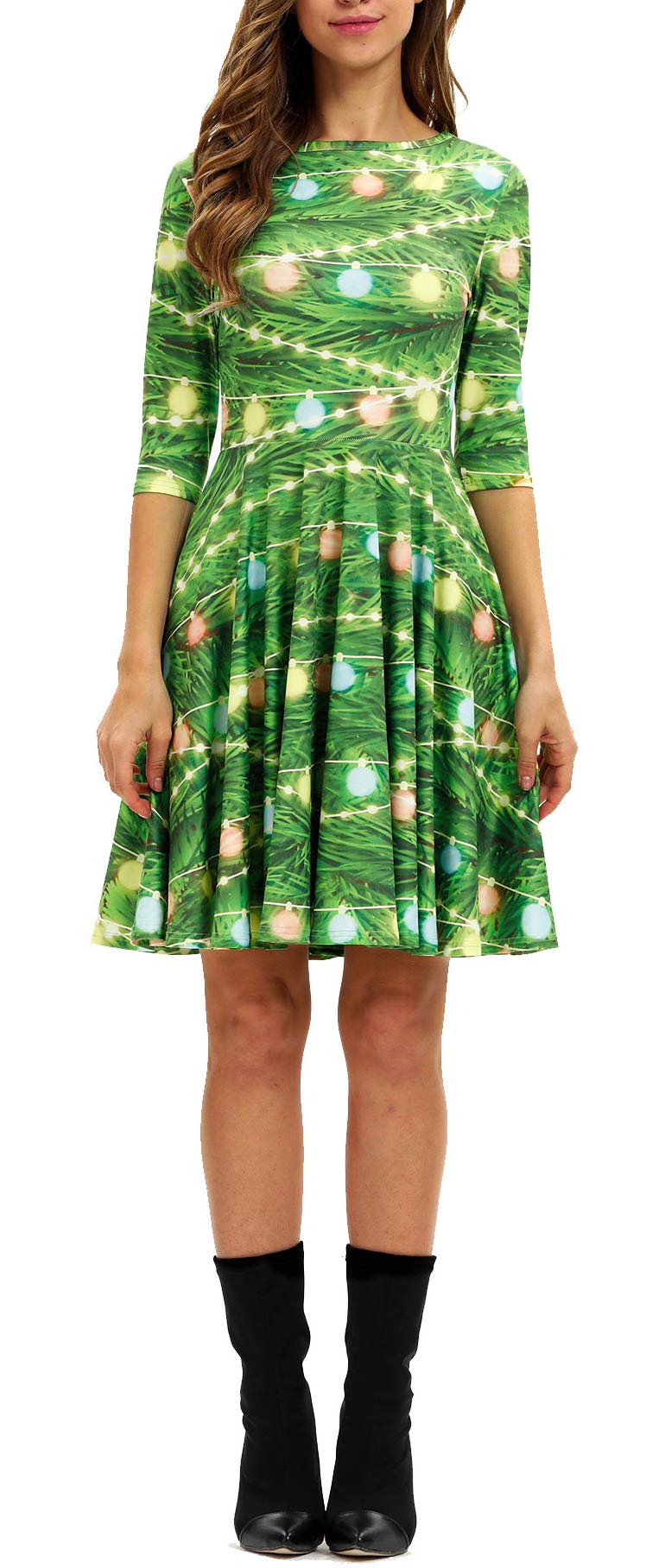 Ainuno Womens Teen Girls Green Christmas Dress Funny Cute Fit and Flare Dresses,Christmas Lights XL