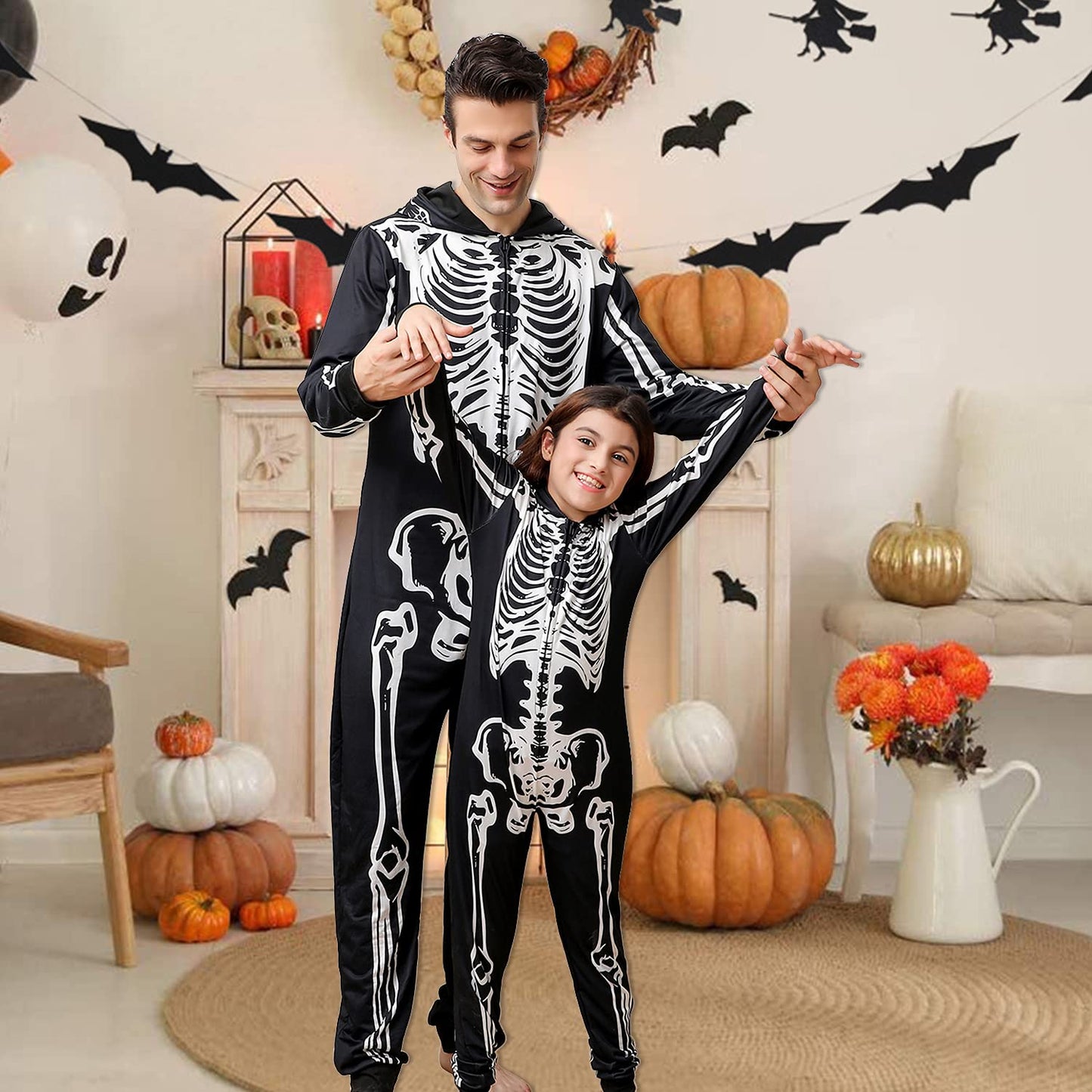 ANGELGGH Family Matching Halloween Onesie Pajamas, Funny Skeleton Printed Hooded Zippered PJs Holiday Loungewear for Men/Women (Men, M, Skull)