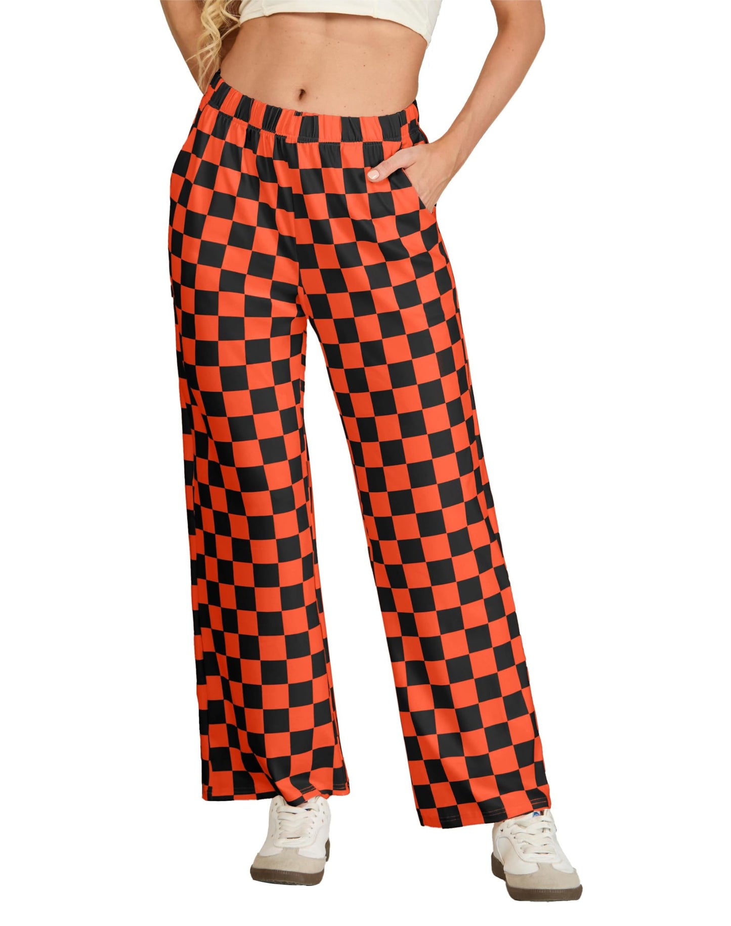 Women's Halloween Wide Leg Pants Checkered Casual Loose High Waist Loungewear Y2K Teen Gingham Sweatpants Summer Black Orange Plaid, L