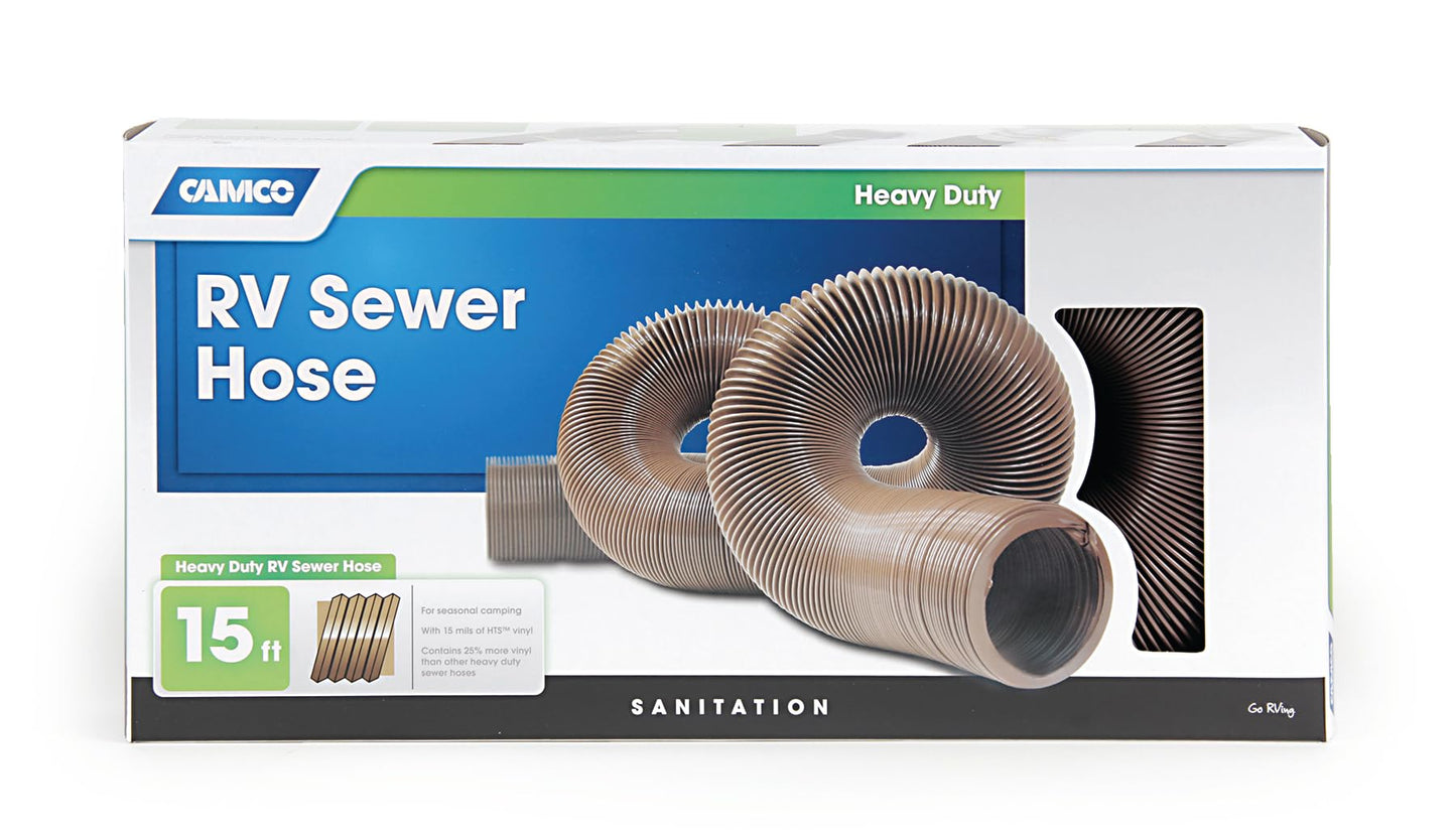 Camco Durable High Tensile Strength Vinyl Sewer Hose with Steel Wire Core – 15’ Hose with 15 mils of HTS Vinyl, Great for Year Round RVing Compresses to 26” for Simple and Easy Storage, Brown (39661)
