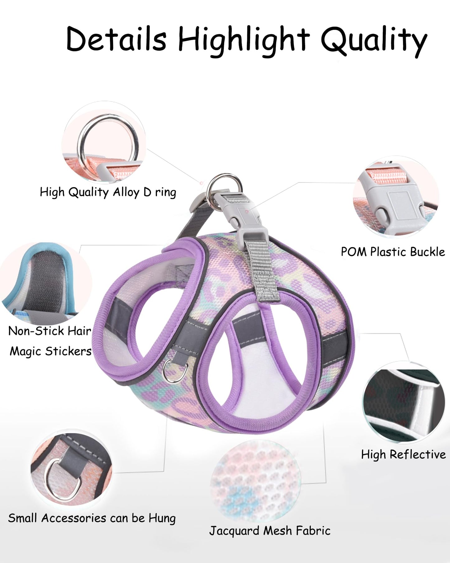 Aecllcea Dog Harness (Purple, S) - Jacquard Fabric, Easy Step-in, No Pull, Reflective Strip, Small Dog Harness and Leash Set