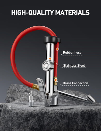 AstroAI 25.6'' Heavy-Duty Tire Pressure Gauge with Inflator, Dual Head Chuck ANSI B40.1 Accurate Tire Inflator with Pressure Gauge, 10-120PSI, Compatible with 1/4" NPT Air Compressor