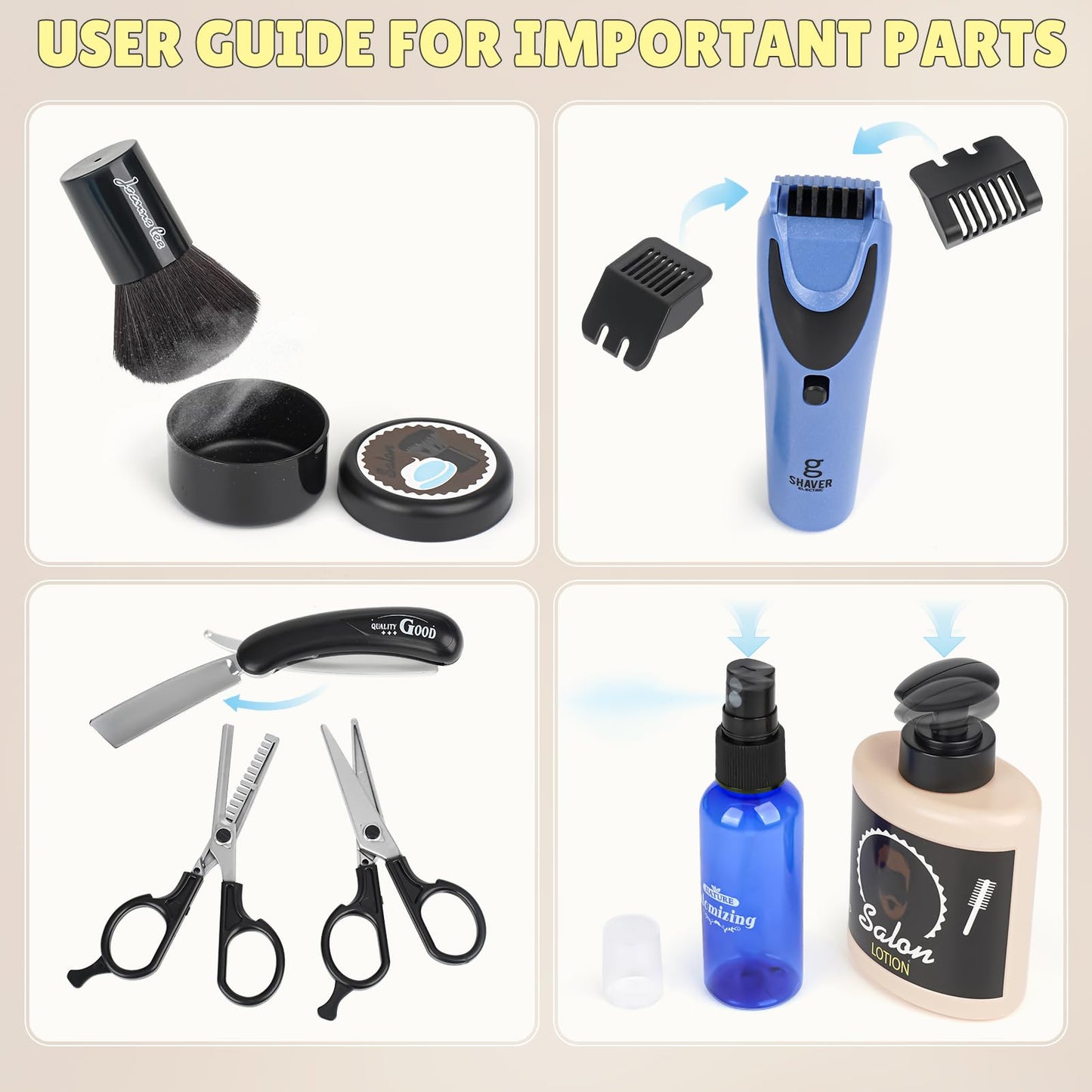 Barber Shop Pretend Play Toy, Kids Hair Salon Toys, Kids Shaving Kit for Boys Ages 3+ with Blow Dryer, Electric Shaver Toys, Tool Bag and Stylist Shave Barber Accessories for Role Play (Black)