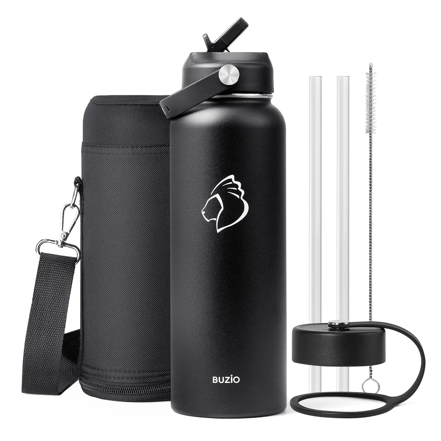 BUZIO 1180ml Insulated Water Bottle with Straw Lid and Flex Cap, 40oz Stainless Steel Drinking Bottle (Keep Cold 48 Hrs/Hot 24 Hrs) Metal Flask Leakproof Wide Mouth Thermo Canteen for Sports, Black
