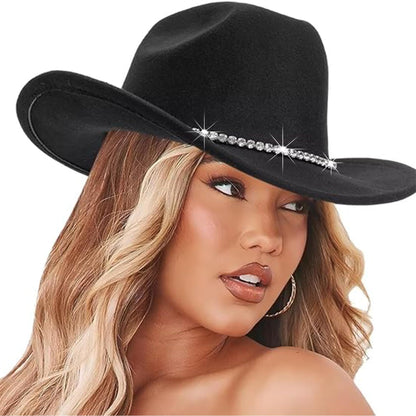 Women Sparkly-Rhinestone Western-Cowgirl-Hat Glitter-Bling Cowboy-Hat Felt-Rodeo-Hat for Disco-Party Medium/Large