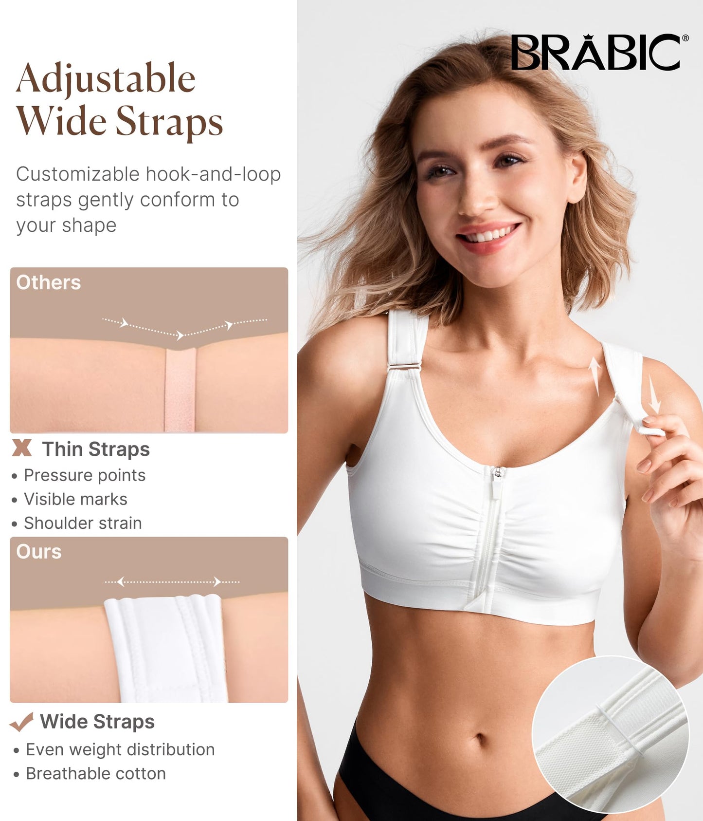BRABIC Zip Front Closure Everyday Bra for Women Post Surgery Compression Support with Adjustable Straps Wirefree (Medium, White)