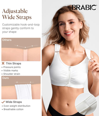 BRABIC Zip Front Closure Everyday Bra for Women Post Surgery Compression Support with Adjustable Straps Wirefree (Medium, White)