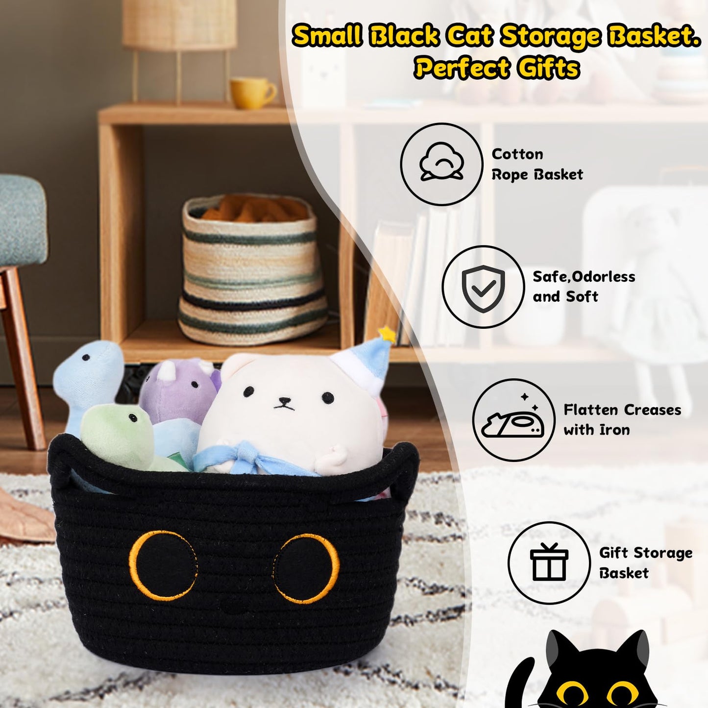 Hkojewp Small Storage Basket, Black Cat Cotton Rope Baskets Woven Blasket for Nursery, Blanket Basket Baby Toy Storage Organizer With Ears for Gifts Cat Dog Bin Toys 8.5×4.5 inches