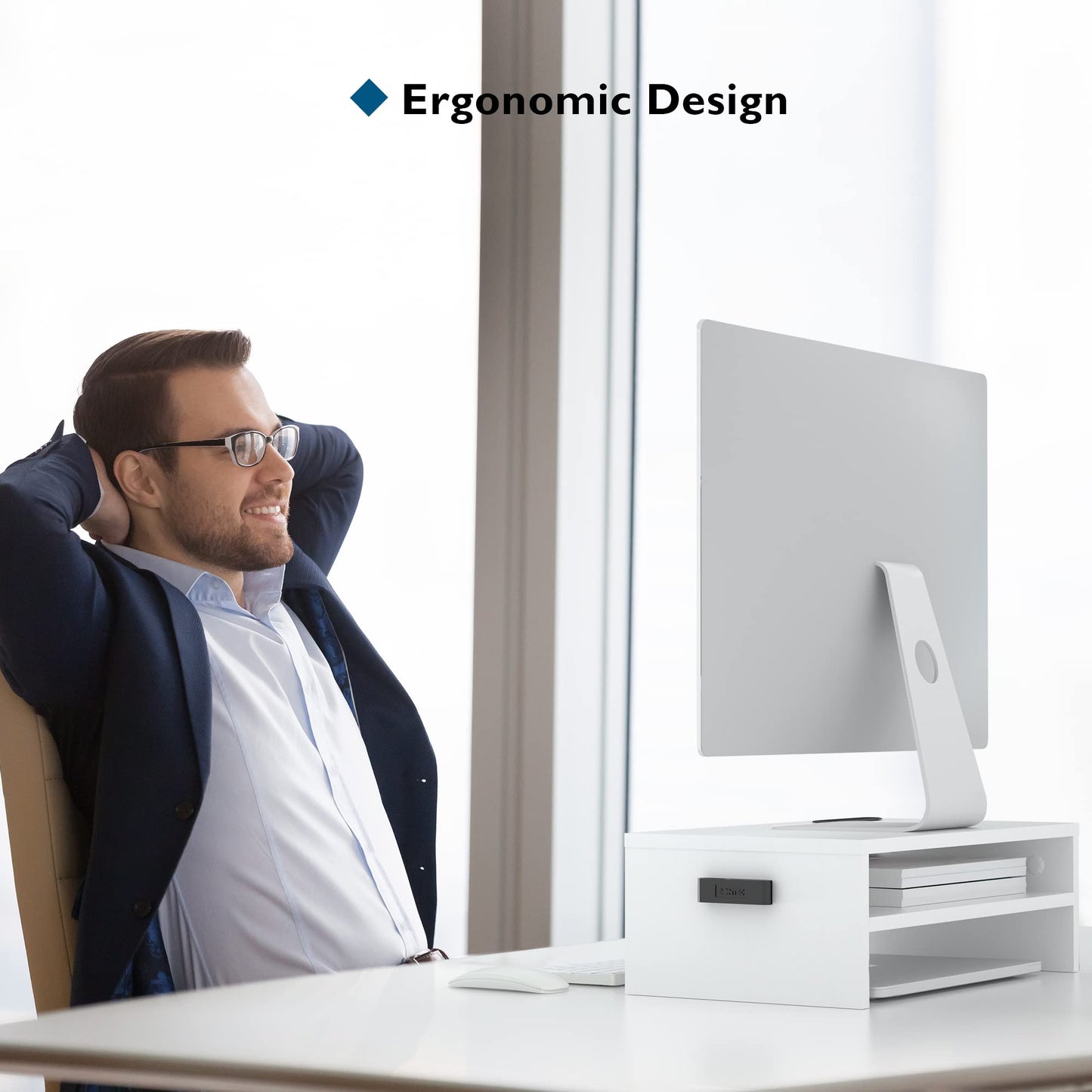 BONTEC Wooden Monitor Stand Riser, 2-Tier Desk Shelf with Storage Organizer, Ergonomic Computer Stand with Cable Management, Cellphone Holder, White, 16.5 Inch