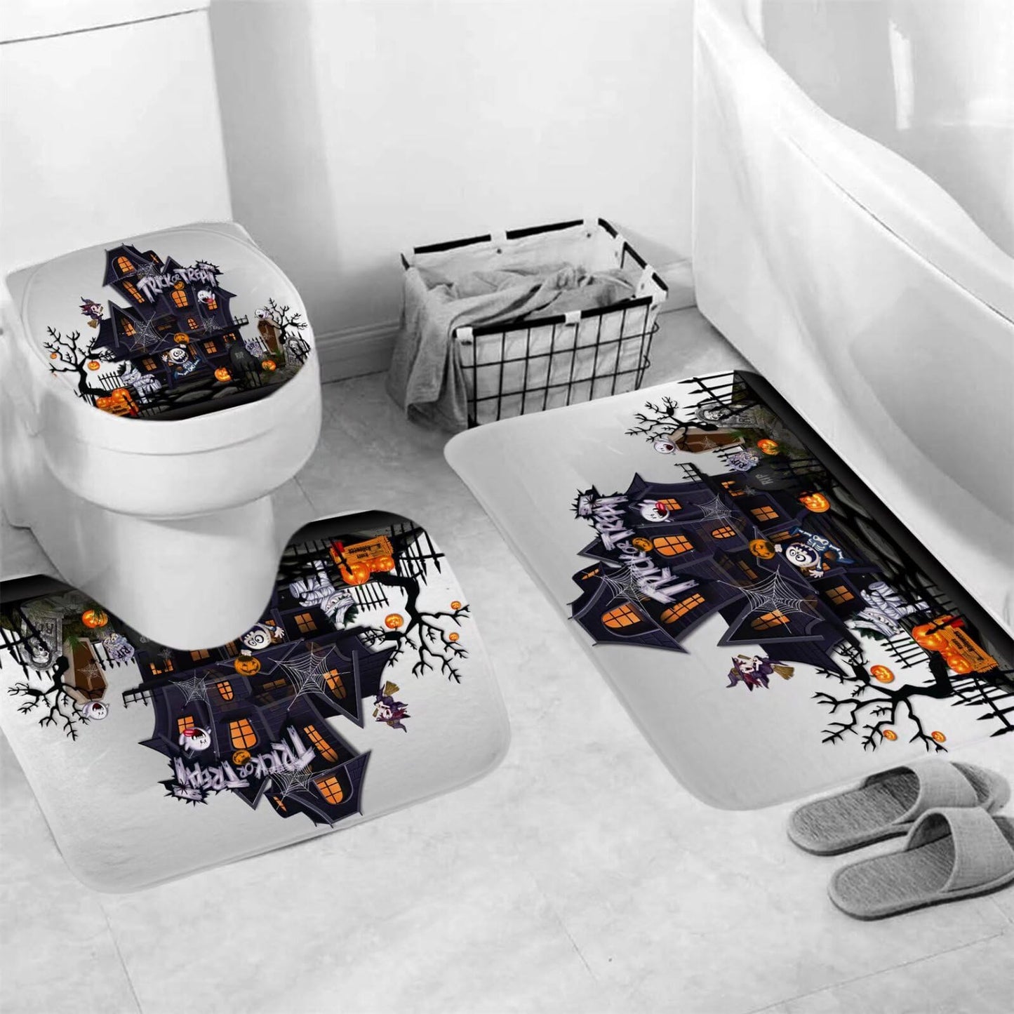 AZHM Halloween Shower Curtain Sets Haunted House Pumpkin Shower Curtains with 12 Hooks, Bathroom Decor Sets with Curtain and Rugs