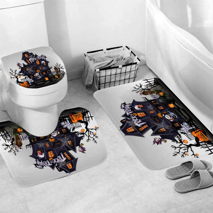 AZHM Halloween Shower Curtain Sets Haunted House Pumpkin Shower Curtains with 12 Hooks, Bathroom Decor Sets with Curtain and Rugs