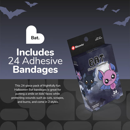 BioSwiss Bandages, Halloween Bat Shaped Self Adhesive Bandage, Latex Free Sterile Wound Care, Fun First Aid Kit Supplies for Kids, 24 Count