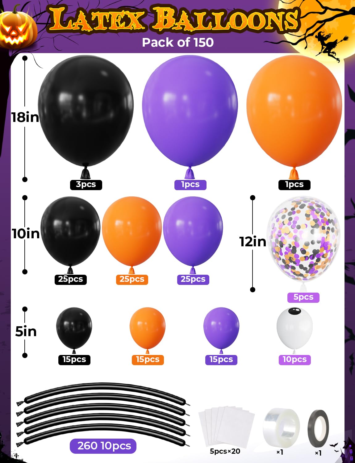 Adeyoo Halloween Balloon Garland Arch Kit - 150Pcs Black Orange Purple Balloons with Eyeball, Confetti Balloons Scary Halloween Party Balloons for Birthday Party Decorations, Indoor/Outdoor