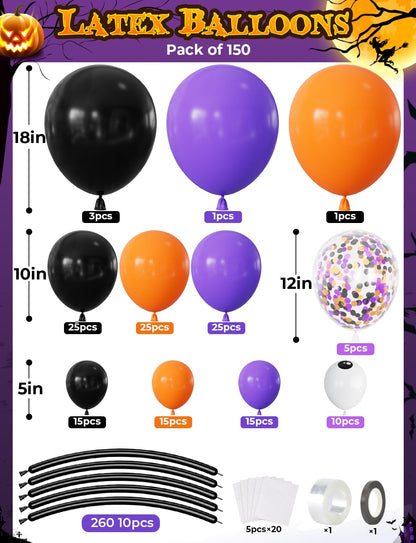 Adeyoo Halloween Balloon Garland Arch Kit - 150Pcs Black Orange Purple Balloons with Eyeball, Confetti Balloons Scary Halloween Party Balloons for Birthday Party Decorations, Indoor/Outdoor