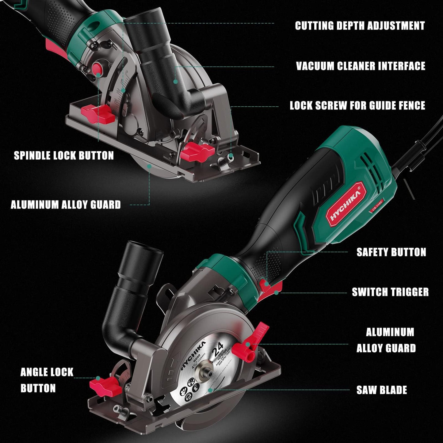 HYCHIKA 6.2A Mini Circular Saw with 3 Blades (4-1/2”), Compact Hand Saw Max 1-7/8" Cutting Depth, 3500RPM, Rubber Handle & 10ft Cord for Wood, Metal, Plastic, Tile