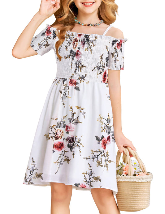 Arshiner Girl Short Sleeve Floral Print Cute Casual Fit and Party Dress White for 12-13 Years