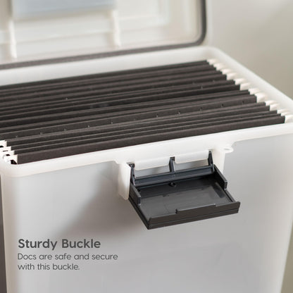 IRIS USA File Box WeatherPro Portable File Organizer Plastic File Box for Letter File w/ Organizer-Lid, Durable Lid and Seal w/ Secure Latching Buckles, Stackable and Nestable, Pearl 19 Qt. 1 Pack