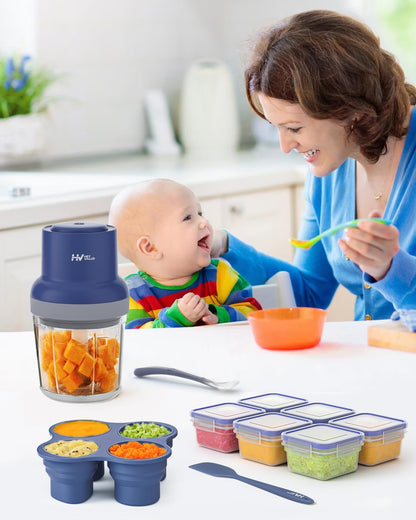 HEYVALUE Baby Food Maker, 13-in-1 Baby Food Processor Sets, Fruit, Vegatable, Meat, Puree Blender with Baby Food Containers, Food Freezer Tray, Silicone Spoons, Silicone Spatula (Dark Blue)